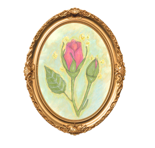 Budding Witch Wares logo, gilt oval frame with hand drawn pink rose and rose bud on a light green background with magical stars