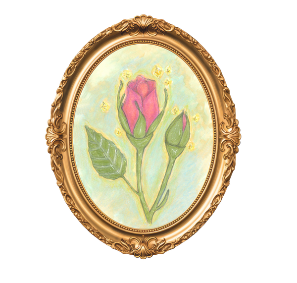 Budding Witch Wares logo, gilt oval frame with hand drawn pink rose and rose bud on a light green background with magical stars